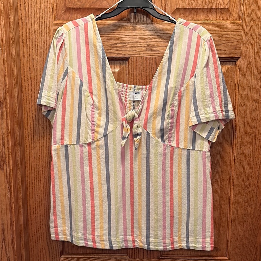 Old Navy Cream Multi Color Stripes Short Sleeve Tie Front Blouse